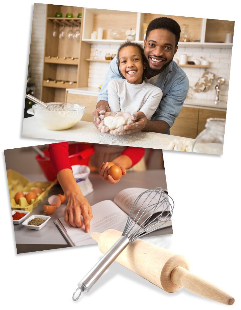 Families smiling and cooking together in the kitchen.